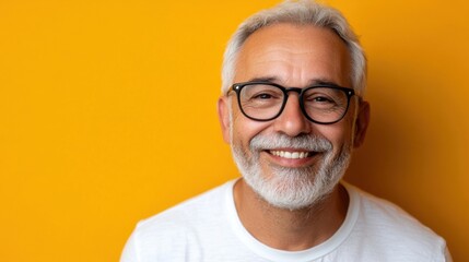 fröhlicher älterer mann mit brille, der vor leuchtend gelbem hintergrund lächelt, um positive medien