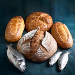 catholic still life of five loaves of bread and two fish