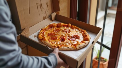 Freshly baked pepperoni pizza in open box by window for takeout or delivery