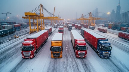 Aufkleber - Heavy trucks are parked in a snowy shipping yard, demonstrating active logistics operations in winter. Cranes and containers fill the background under gray skies.