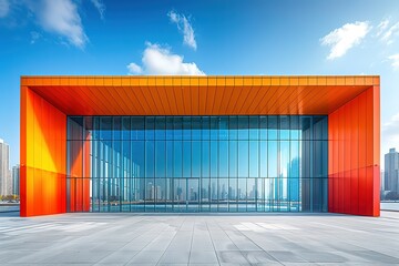 A modern building with a glass facade and orange accents.