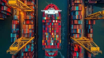 Aufkleber - A cargo ship moves carefully through a narrow channel surrounded by towering stacks of colorful shipping containers and cranes. It's a sunny day at the port.