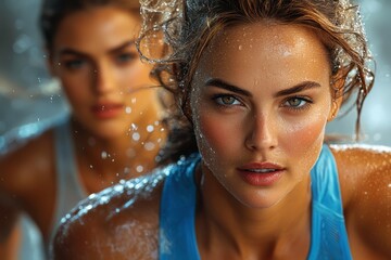 two fitness models training intensely in a splash of water at an outdoor location during a sunny day