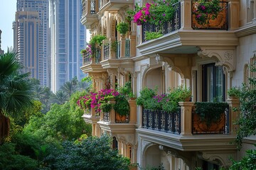 A row of ornate balconies decorated with lush greenery and pink flowers.