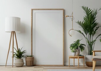 Minimalist and modern interior design with a blank frame mockup on a white wall, decorated with plants in wicker baskets