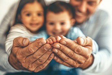 close-up view of two hands gently cupping a small family, symbolizing safety and protection, with th