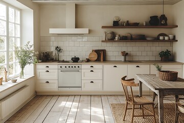 A bright and airy kitchen with a minimalist and rustic design.