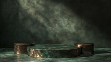 Fototapete - Three circular pedestals of varying heights rest on a textured surface, illuminated by a soft beam of light.