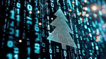 Digital Christmas tree with binary code and data, futuristic holiday concept with technology theme