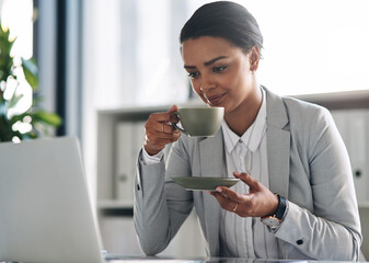 Poster - Office, businesswoman and coffee with laptop for reading, research and online for case email. Career, female person or happy lawyer with digital for corporate project, feedback or results in law firm