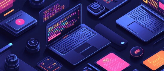Wall Mural - an isometric illustration of a laptop computer with code on the screen, surrounded by other digital 