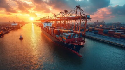 Aufkleber - A large container ship makes its way through a busy port during sunset, with cranes and cargo containers silhouetted against the vibrant sky.