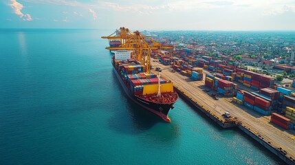 Aufkleber - A massive cargo vessel approaches the dock at a vibrant port, surrounded by stacked shipping containers and a tranquil ocean under sunny skies.
