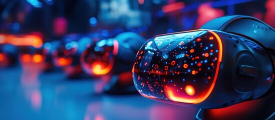 Wall Mural - Closeup of a VR headset with red and blue lighting.