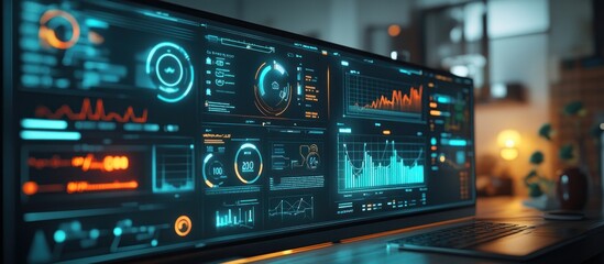 Wall Mural - a laptop screen displays a futuristic user interface with charts, graphs, and data visualizations in