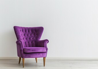 A single purple armchair with wooden legs sits on a white wooden floor against a white wall