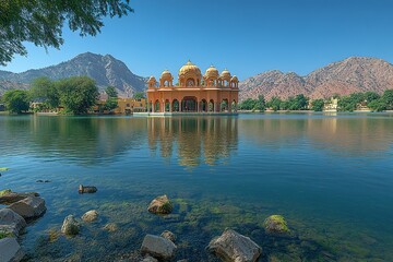 A beautiful orange-toned building with multiple domes sits on a lake, its reflection in the water mirroring the structure.