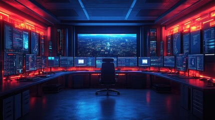 Cyberpunk Control Room with Cityscape View