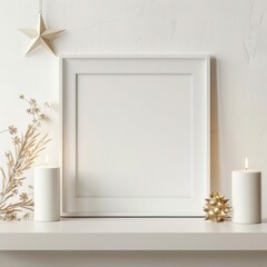 White square frame mockup with Christmas decoration. Frame on a white shelf against a white wall