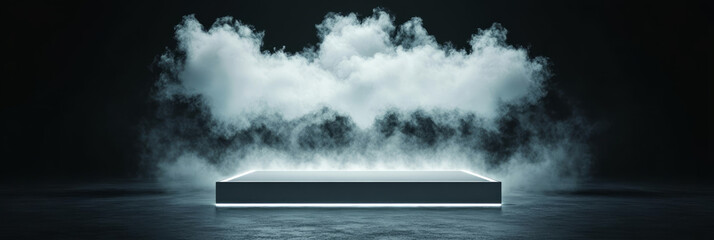 A glowing platform emerges from a cloud of fog in a dark studio.