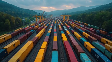Aufkleber - Freight trains are arranged neatly in a vast yard, displaying a variety of brightly colored shipping containers under slightly cloudy skies during early morning.