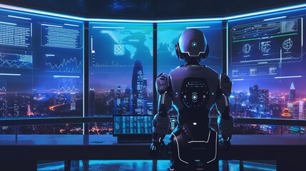 Futuristic robot monitoring a smart city control center