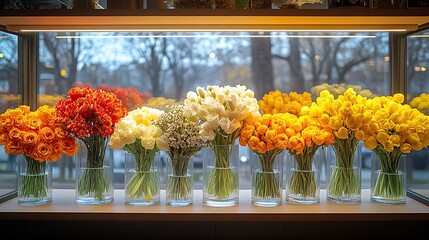 Wall Mural - Colorful flower display in vases by a window.