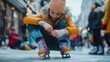 © Terry - A candid shot of a young figure skater tying her laces, surrounded by colorful skating gear and friends.
