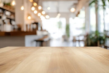 Canvas Print - wooden table in bright, modern cafe with blurred background, featuring warm lighting and cozy atmosphere. setting is inviting and stylish, perfect for social gatherings