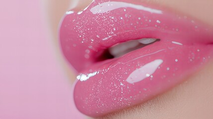 A woman's lips are covered in glittery pink lip gloss