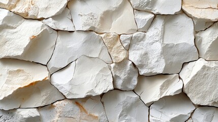 Leinwandbilder - A close-up view reveals a textured wall made of irregularly shaped white stones, showcasing various sizes, colors, and natural patterns under daylight.