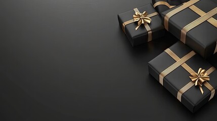 A collection of luxurious black gift boxes adorned with shiny golden ribbons positioned elegantly against a dark background