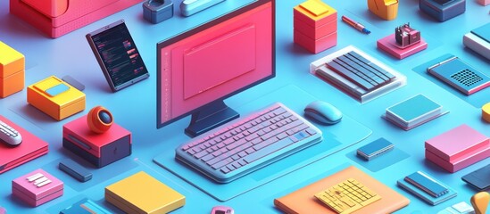 Wall Mural - isometric view of a modern desk with a computer, keyboard, mouse, smartphone, and various office sup