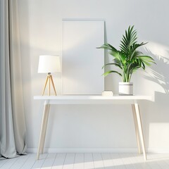 A minimalist white desk with a lamp, a houseplant, and a blank picture frame, perfect for showcasing artwork or designs