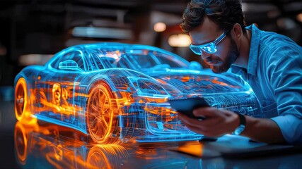 Engineer interacting with a holographic car model in a high-tech digital environment
