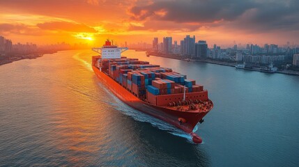 Aufkleber - A cargo ship laden with colorful containers moves along a river during sunset, casting a warm glow on the surrounding city skyline and water.