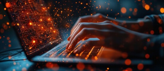 Wall Mural - close up of hands typing on a laptop with glowing particles in the background.