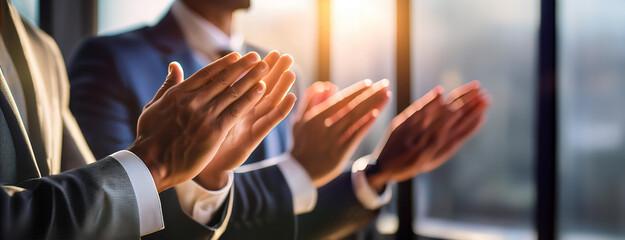 business professionals clapping hands during a meeting, recognizing achievements or success with sun