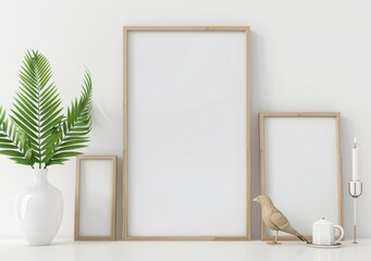 Three blank vertical wooden frames leaning on white wall with bird figurine, vase and cup mockup.