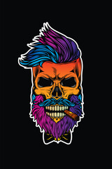 Wall Mural - Hipster skull with beard and mustache with cigar in mouth.. Original vector illustration in vintage style. T-shirt design.