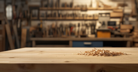 Poster - wooden table with small pile of wood shavings sits in workshop, surrounded by blurred tools and equipment. scene conveys sense of craftsmanship and focus