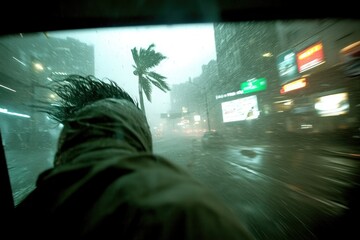 Heavy rainstorm in the city with strong winds and palm trees swaying during a severe weather event