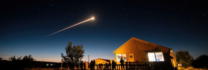 An illuminated meteor streaks across the night sky near a rural home with onlookers observing