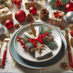 christmas decoration on the table, Festive table setting with clean plates, cutlery and Christmas decorations, created whit A.I generativo.