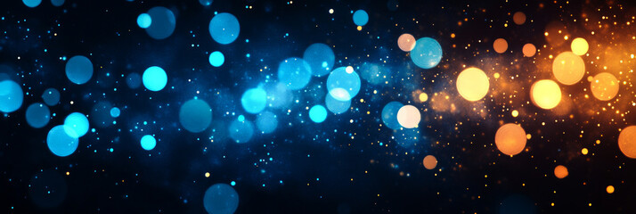 Abstract background with a blend of blue and orange bokeh lights.