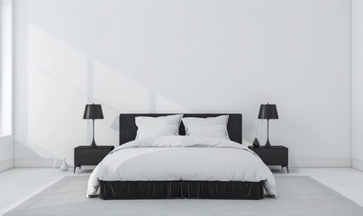 Modern peaceful bedroom with white walls, wooden floor, a black king size bed, and two black bedside tables. Minimalistic bedroom interior design