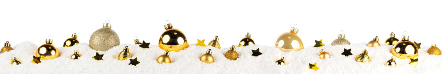 Wall Mural - christmas banner gold balls and stars on snow