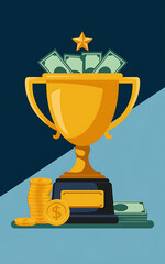 golden trophy filled with money blue and yellow flat style financial success wealth and prosperity b