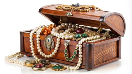 overflowing wooden jewelry box full of necklaces, bracelets, and other assorted jewelry