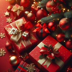 christmas background with boxes and decorations, created whit A.I. generativo.